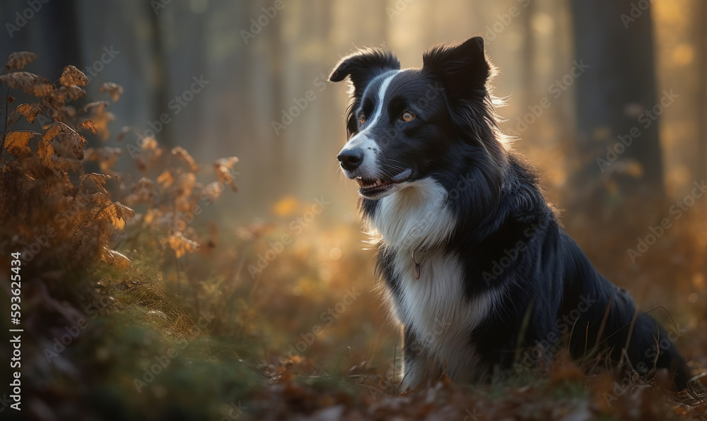 photo of border collie sitting in a forest. Generative AI