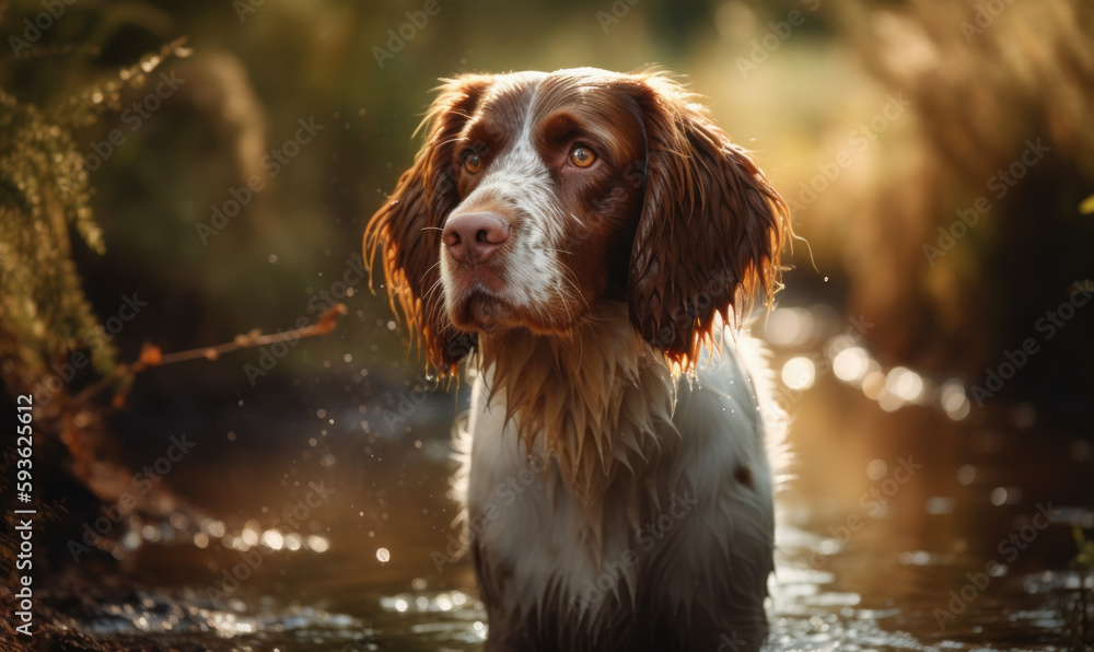 photo of Brittany spaniel standing in water. Generative AI