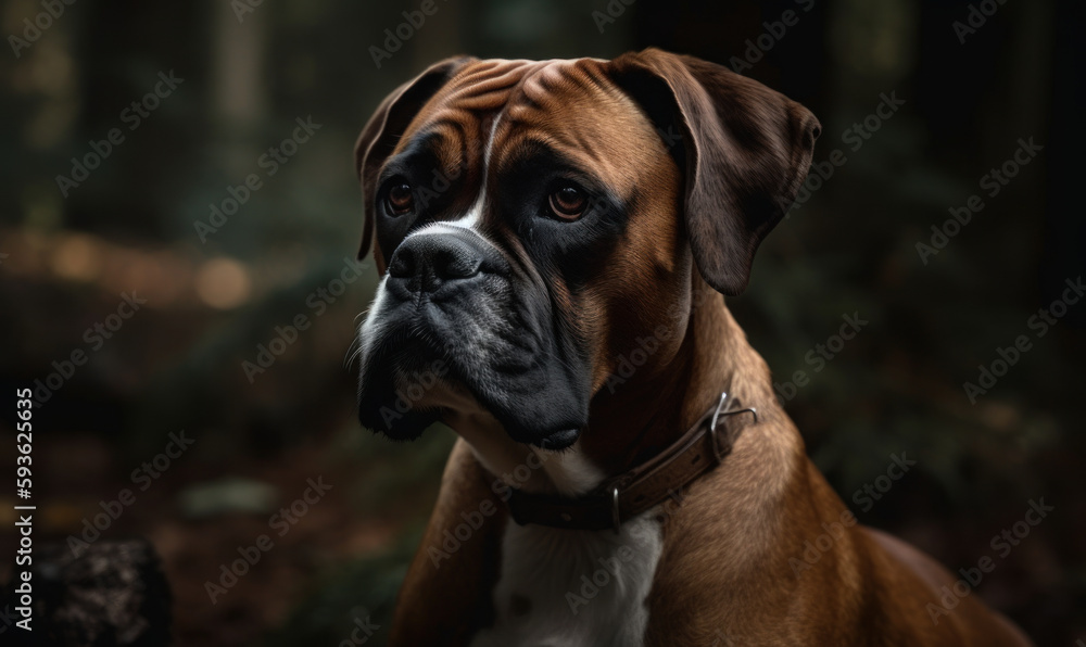 photo of Boxer dog on blurry green forest background. Generative AI