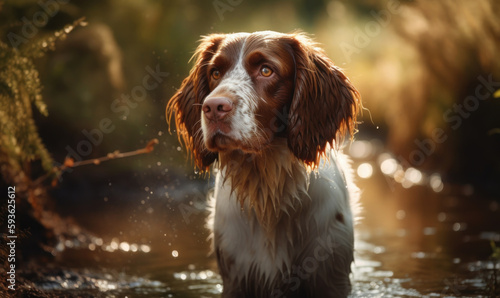 photo of Brittany spaniel standing in water. Generative AI