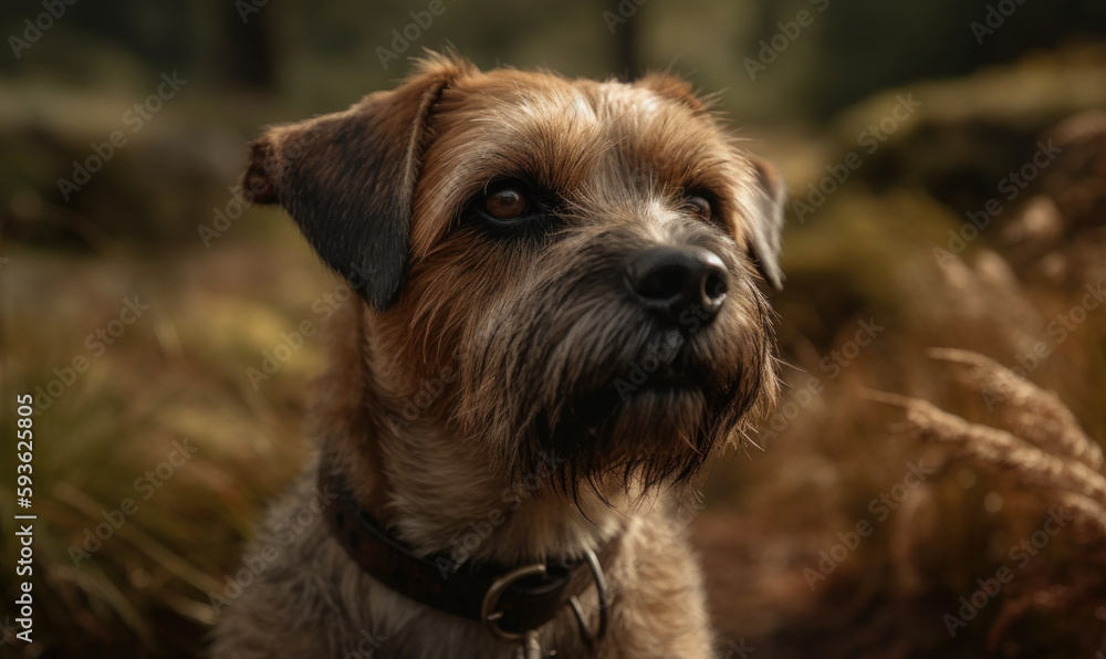 close up photo of border terrier on blurry natural background. Generative AI close up photo of border terrier on blurry natural background. Generative AI
