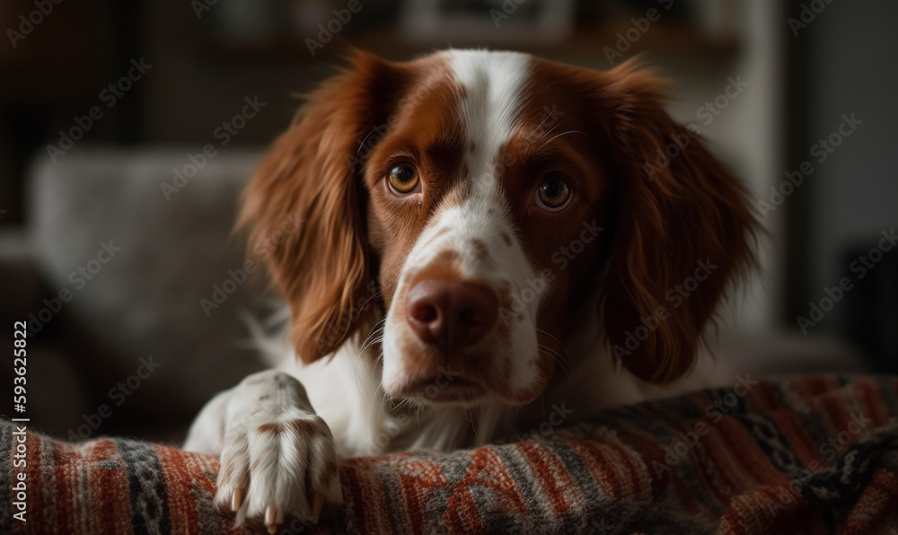 Brittany spaniel on plush sofa, surrounded by soft pillows & warm blankets. natural light filtering through nearby window bathes the scene in warm tones, accentuating cozy atmosphere. Generative AI