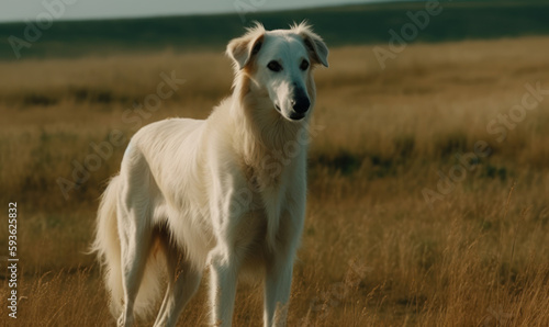 Borzoi stands tall and regal in grassy field  with its long  silky coat flowing in the breeze. Its sharp eyes are focused intently on something in the distance  perhaps a prey animal. Generative AI