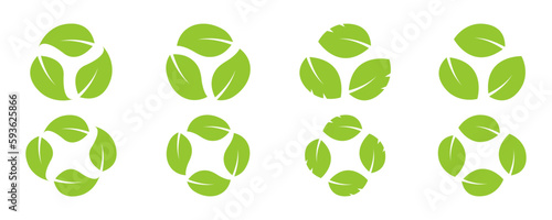 Set of circular recycle leaf vector icons. Reusable, reuse and degradable symbols. Green eco product. 