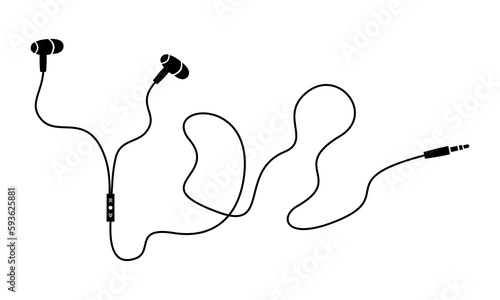 Headphone with wire. Black silhouette with small earphones and connector. Listen music. Vector icon.