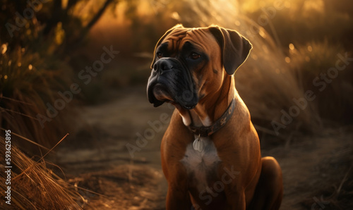 photo of Boxer dog in its natural habitat during sunset. Generative AI