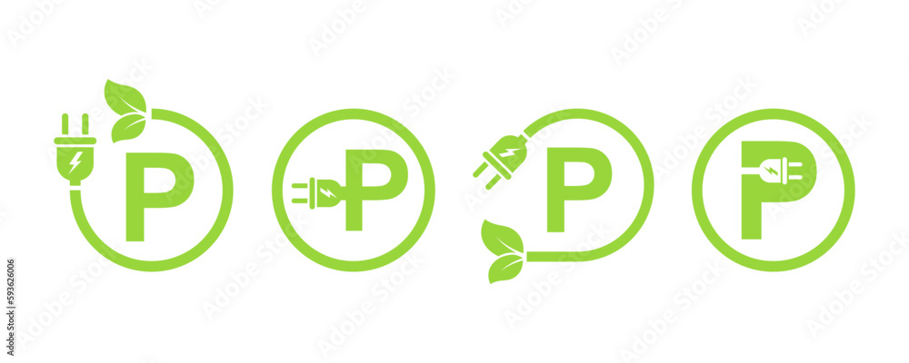 Set of green eco parking vector icons. Ecology electric charger station for car. Green charge area or point for eco transport. Recharge battery. Set of green eco parking vector icons. Ecology electric charger station for car. Green charge area or point for eco transport. Recharge battery.