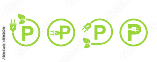 Set of green eco parking vector icons. Ecology electric charger station for car. Green charge area or point for eco transport. Recharge battery.