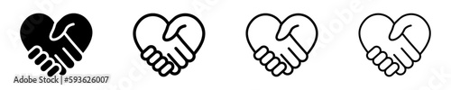 Abstract set with black handshakes heart vector icons. Sign friendship or partnership. Peace and love symbol. Sign agreement. 