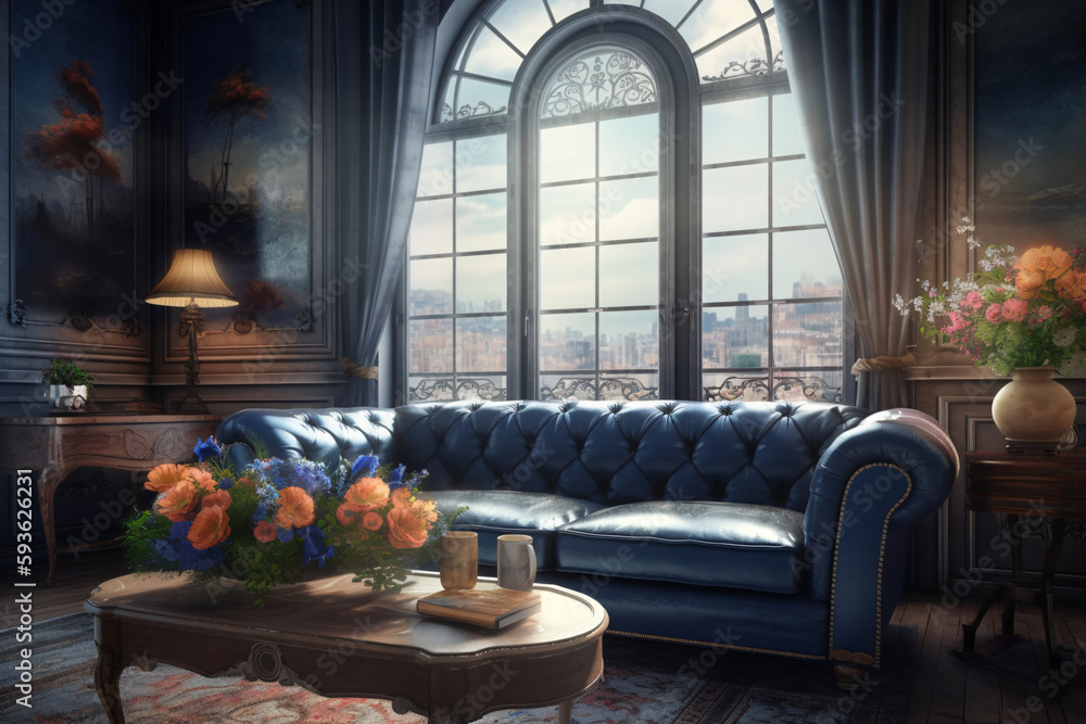 A Classic Old-World Living Room with a Rich Navy Leather Sofa and Expansive Window, Generative AI