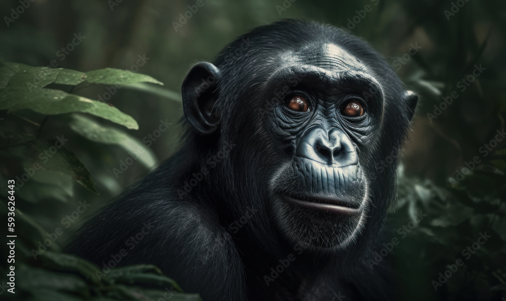 bonobo in its natural habitat, surrounded by lush green vegetation with distinctive dark face, long hair, and lanky limbs. Its expressive eyes gaze off into the distance. Generative AI bonobo in its natural habitat, surrounded by lush green vegetation with distinctive dark face, long hair, and lanky limbs. Its expressive eyes gaze off into the distance. Generative AI