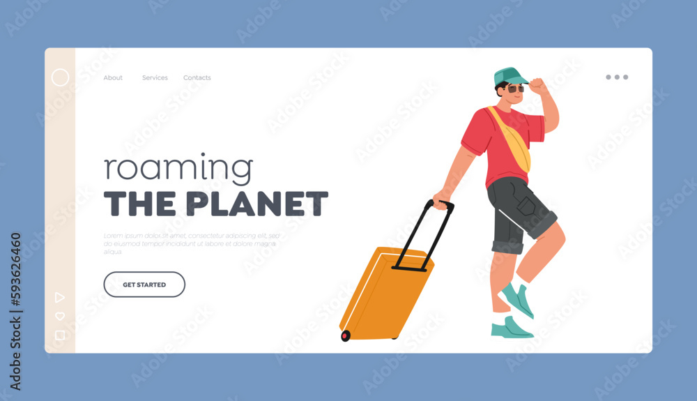 Roaming The Planet Landing Page Template. Young Man Tourist Character Walking With Suitcase. Travel Or Tourism