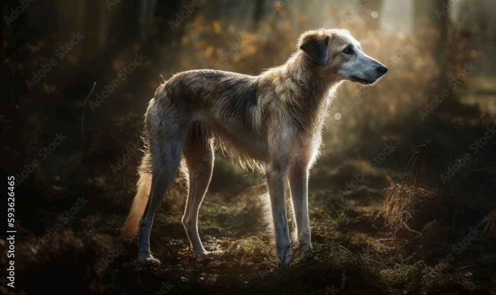 Fototapeta premium photo of borzoi standing in its natural habitat. Generative AI