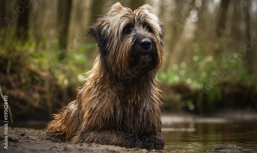 photo of briard lying near a forest river in its natural habitat. Generative AI