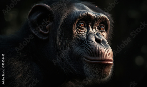 close up photo of bonobo on dark background. Generative AI