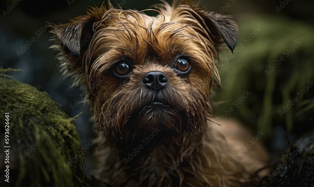 close up photo of Brussels griffon on blurry green forest background. Generative AI