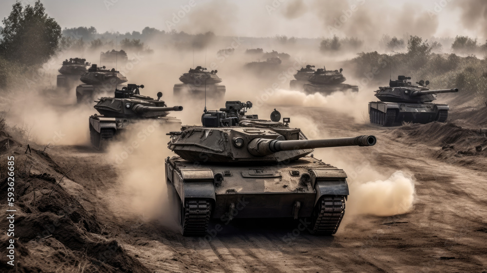 tanks in a battlefield created with Generative AI technology - obrazy, fototapety, plakaty 