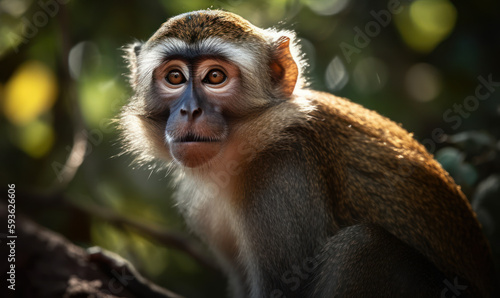 photo of bonnet monkey in its natural habitat. Generative AI © Bartek