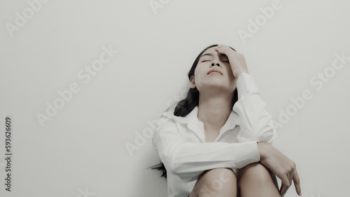 Obraz na plátně Depression anxiety woman asian chinese people feeling sad tired and worried, problems and broken heart concept
