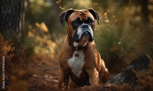 photo of Boxer dog sitting in its natural habitat. Generative AI
