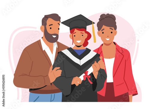 Happy Family Characters Celebrate Daughter Graduation, Embrace And Celebrating Achievement, Proud Of Hard Work