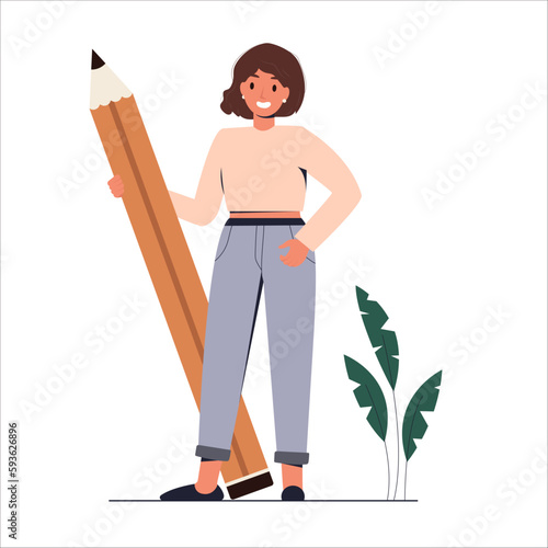 Business Woman holds big pencil. Confident female writer or content manager stands with pen. Copywriting and blogging concept. Vector stock illustration. Flat style student with a pencil. Education.