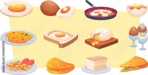 Cooking eggs. Fried products for dinner breakfast exact vector eggs illustrations in cartoon style