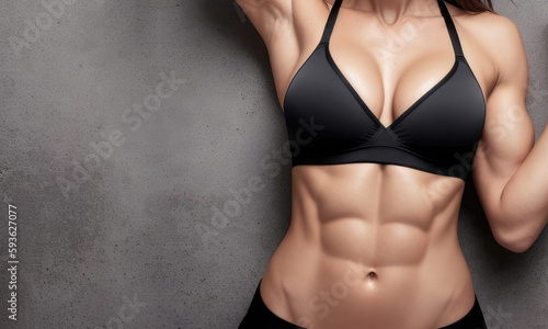 Muscular young woman in black bra on grey background. Female with a strong and athletic body. Abs belly. Generative AI