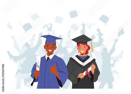 Happy Girl And Boy Graduate In Their Graduation Gowns And Caps, Holding Their Diplomas And Celebrating
