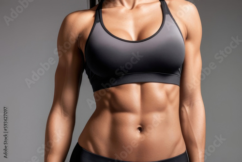 Close-up of a beautiful sporty female body on gray background. Muscular abs. Generative AI