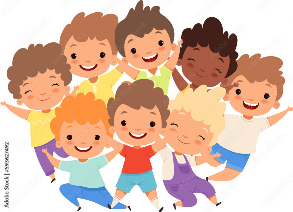 Boys kids group. Joyful ethnic hugging male children, cute friends characters portrait, cartoon happy kid together activities Boys kids group. Joyful ethnic hugging male children, cute friends characters portrait, cartoon happy kid together activities