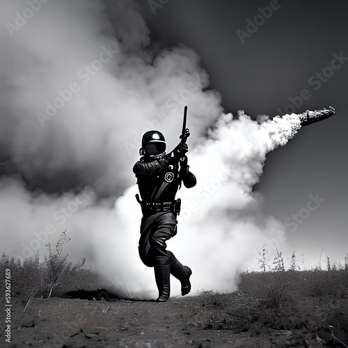 Warrior's Dramatic Play with Smoke: A Captivating Image of a Soldier Engaging in a Dynamic and Powerful Performance