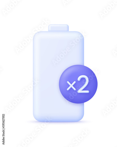 3D Improved battery with 2x power. Battery charge indicator. Battery charge from low to high.