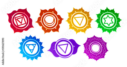 Vector illustration set of 3D effect chakra symbols isolated on white background.