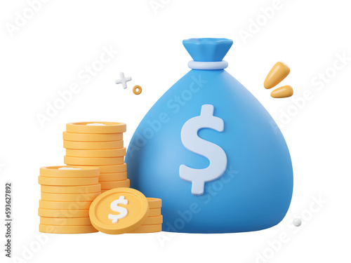 3d cartoon design illustration of Money bag and dollar coin, Money savings concept.