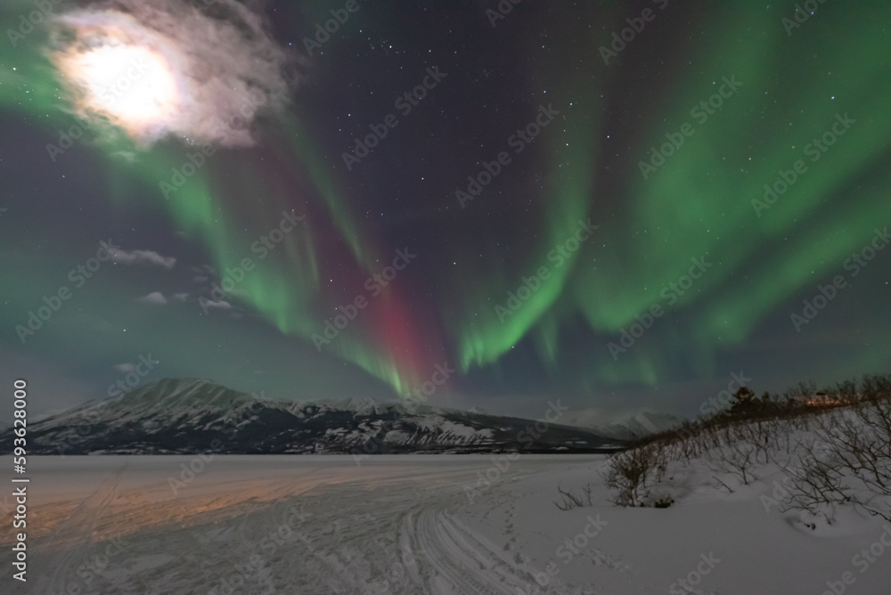 Incredible Aurora Borealis Northern Lights show seen in winter time over a frozen lake and snow capped mountains.	