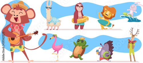 Summer animals. Hot season animals travelling on the sea walking in swimming suit exact vector cartoon pictures set