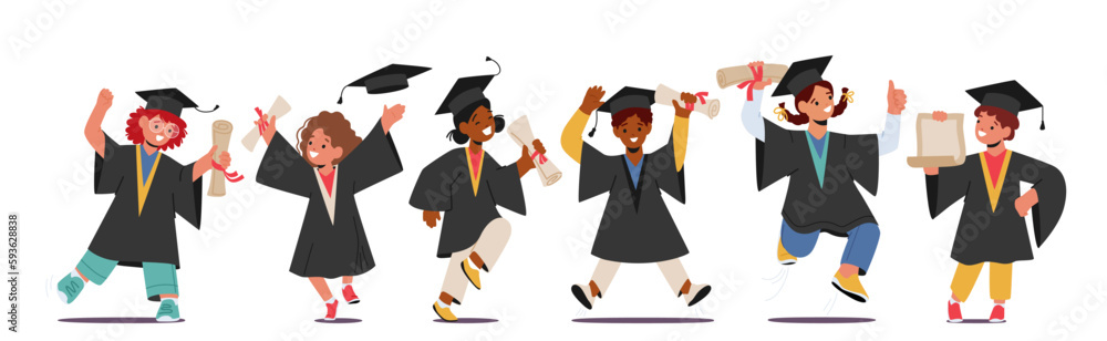 Graduate Kids Characters Celebrate Their Academic Success, With Big Smiles And Caps In Air, Cartoon Vector Illustration Graduate Kids Characters Celebrate Their Academic Success, With Big Smiles And Caps In Air, Cartoon Vector Illustration