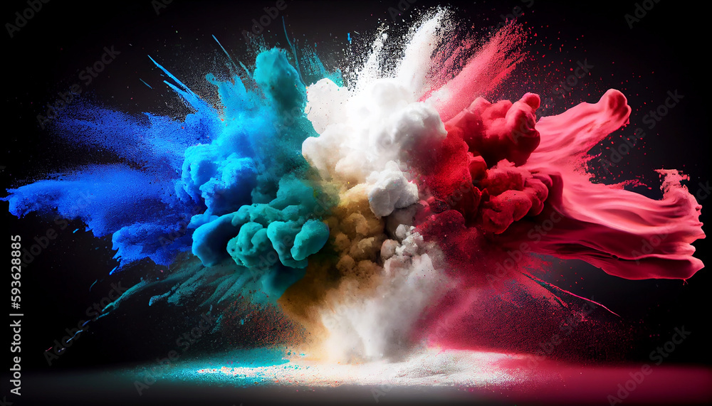 Exploding Flags Euros France flag Colored powder explosion on black background concept ...