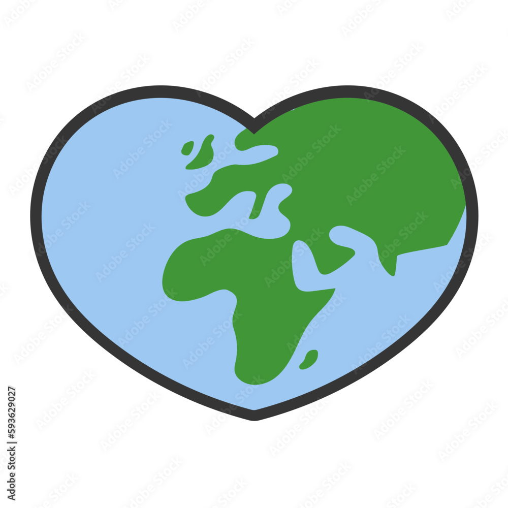 Heart shaped planet earth icon. Save the world. Eco friendly environmental message. Love. Map centered in Africa and Europe. Heart shaped planet earth icon. Save the world. Eco friendly environmental message. Love. Map centered in Africa and Europe.