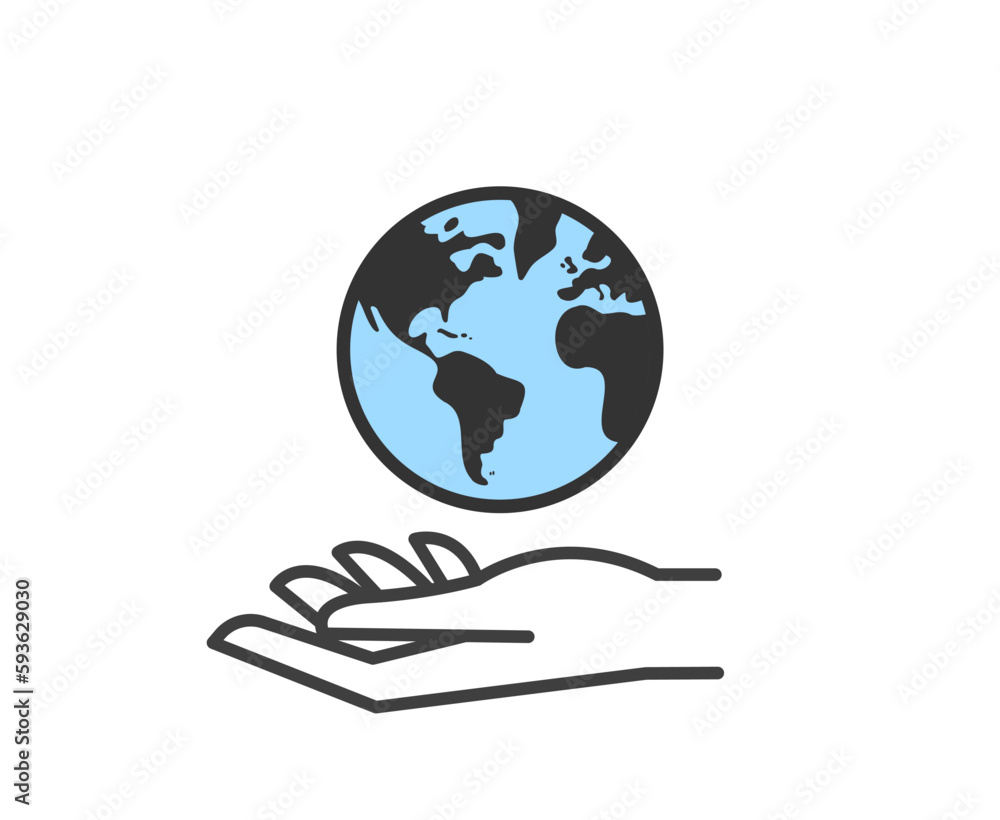 Hand holding planet earth. World environment conservation linear icon. Human protect nature. Save the planet.