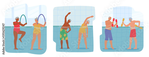 Seniors Enjoying Refreshing And Invigorating Aqua Aerobics Class, Splashing In Water While Following The Instructor