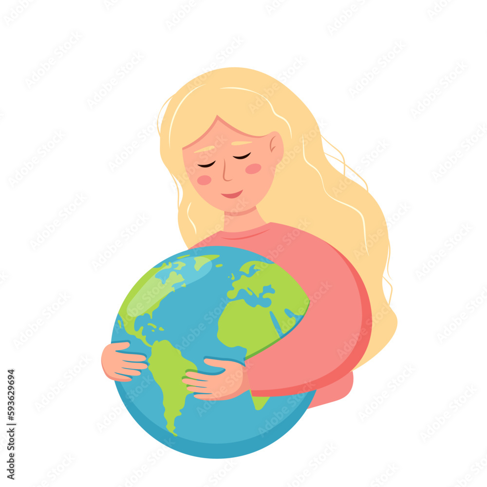 Cute girl hugs the planet Earth. Environment protection concept. Earth day. Design for greeting card, poster, banner, web or print. Vector illustration isolated on white background. Cute girl hugs the planet Earth. Environment protection concept. Earth day. Design for greeting card, poster, banner, web or print. Vector illustration isolated on white background.