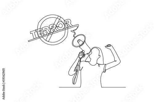 Single one line drawing anti terrorism women. Anti terrorism concept. Continuous line draw design graphic vector illustration.