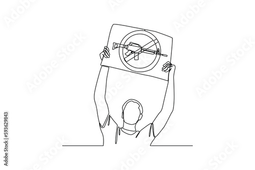 Single one line drawing man lifting anti terrorism paper. Anti terrorism concept. Continuous line draw design graphic vector illustration.