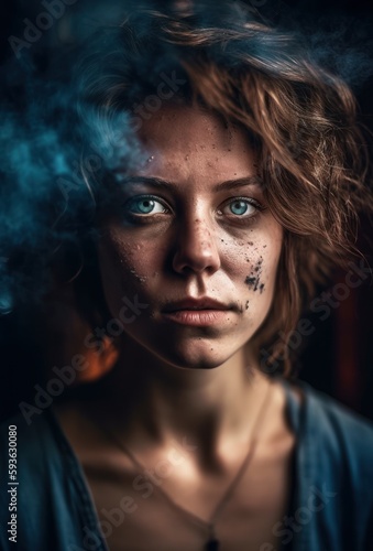A woman smoking a cigarette and looking directly at the camera with striking blue eyes - Generative AI