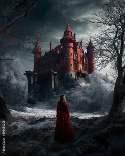 Red castle in a foggy dark place and a woman with red dress looking at it