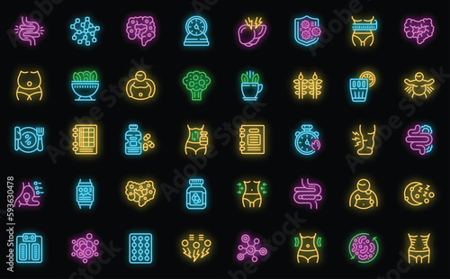Belly icons set outline vector. Weight after. Fat man neon color on black