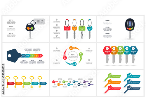 Set Keys concept for infographics with 3, 4, 5, 6, 8 steps, options, parts or processes. Business data visualization.