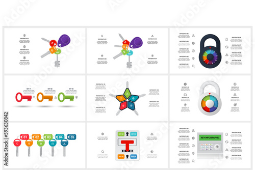 Set Keys concept for infographics with 3, 4, 5, 6, 9 steps, options, parts or processes. Business data visualization.